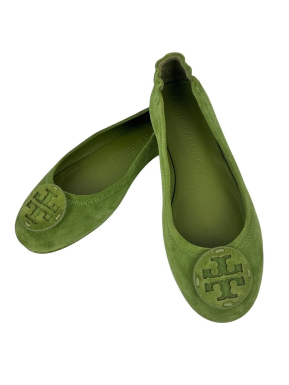 Tory Burch Minnie Travel Ballet Flats Green Suede Tonal Logo Size 7 Leather logo - Picture 11 of 15
